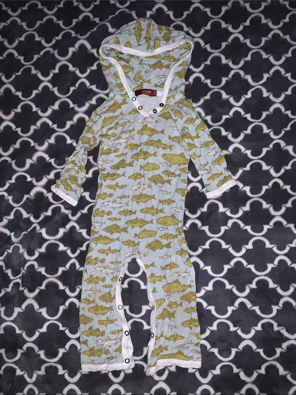 Milkbarn Light Blue Hooded One-Piece with Green Fish Print 6-12m